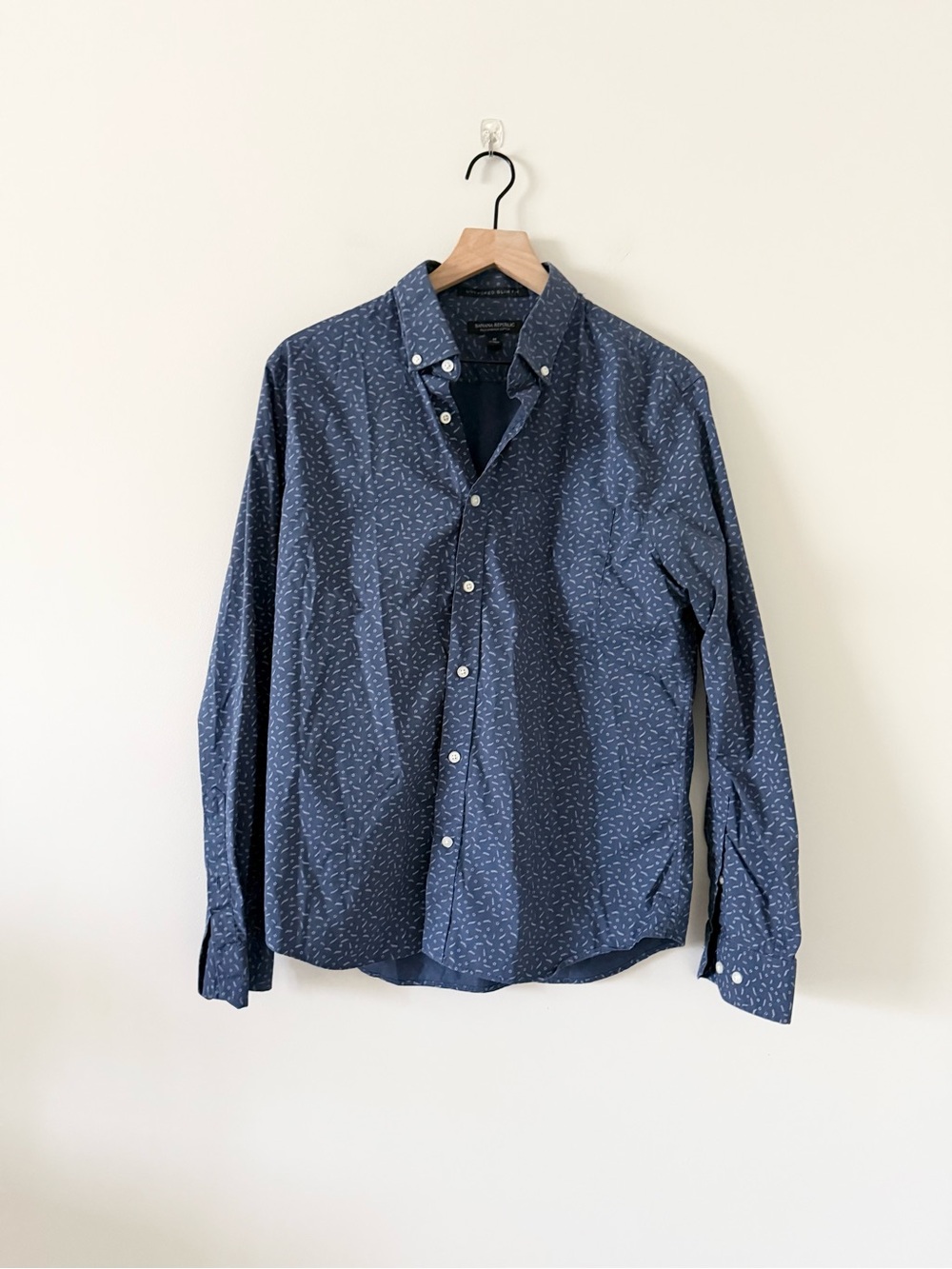 Banana Republic Navy Printed Button-Down Untuck Slim Fit Tech Stretch Size M